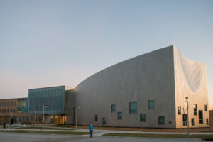 Performing Arts and Humanities Building at dusk