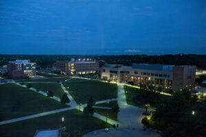 Night time aerial view of the academic quad