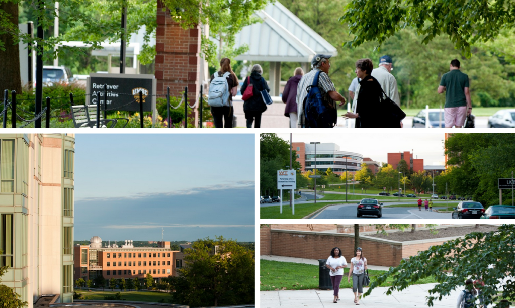 collage with outdoor images of campus and students